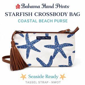Bahama Hand Prints Starfish Crossbody Bag Coastal Beach Purse NWOT Tassel Strap